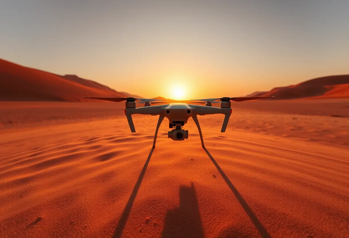 Un drone projetant son ombre sur un sable aride au crépuscule