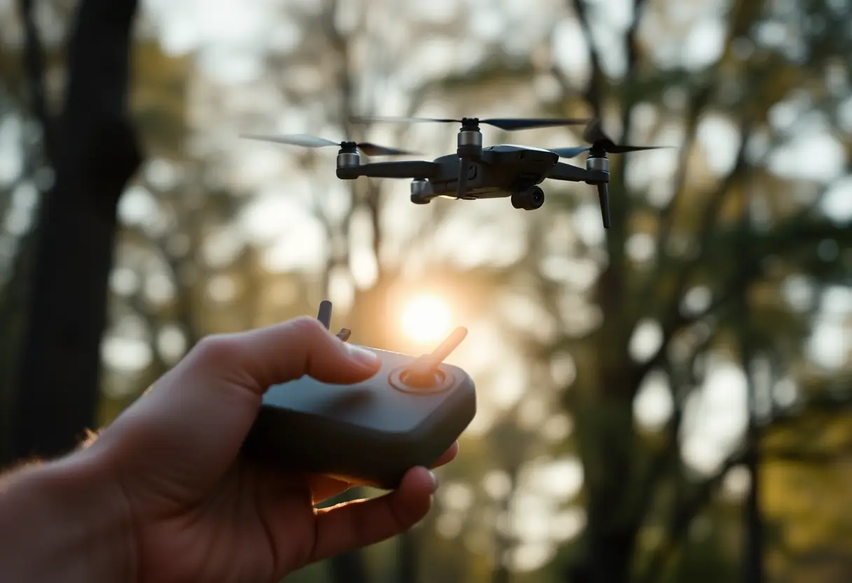 Main tenant un télécommande avec un petit drone au-dessus