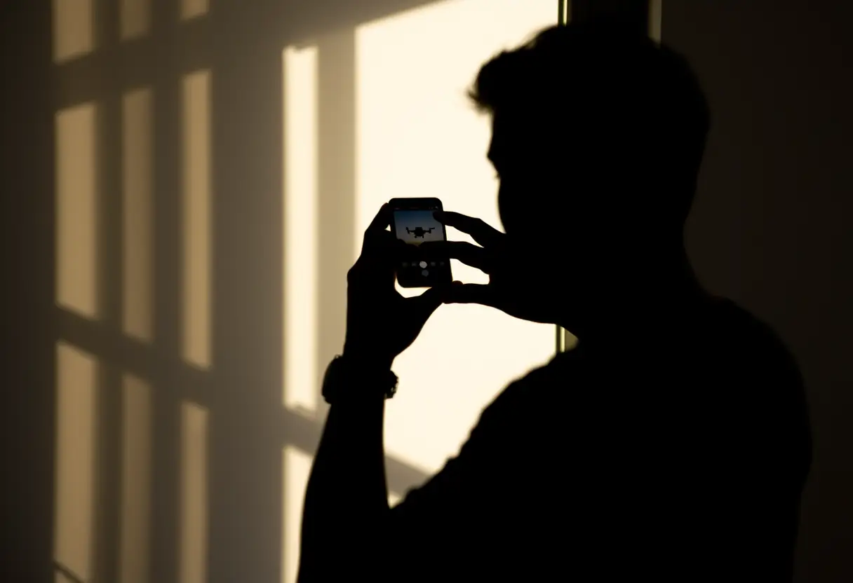 Silhouette d'une personne tenant un smartphone près d'une fenêtre