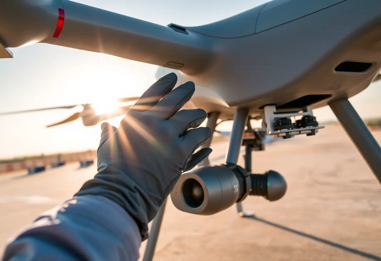 Une main gantée ajustant un système d'antennes complexes sur un drone